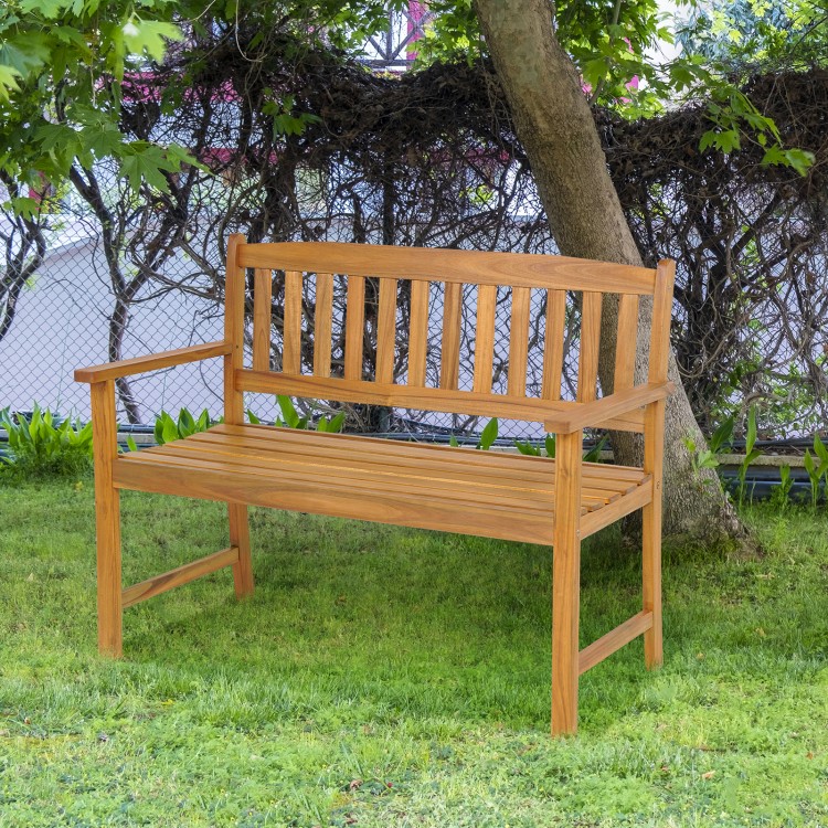 Acacia wood bench for 2 with backrest and armrests, ideal for patio or garden seating, featuring a smooth, durable.
