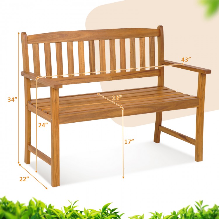 Acacia wood bench with backrest and armrests, 2-person capacity, ideal for patio or garden seating.