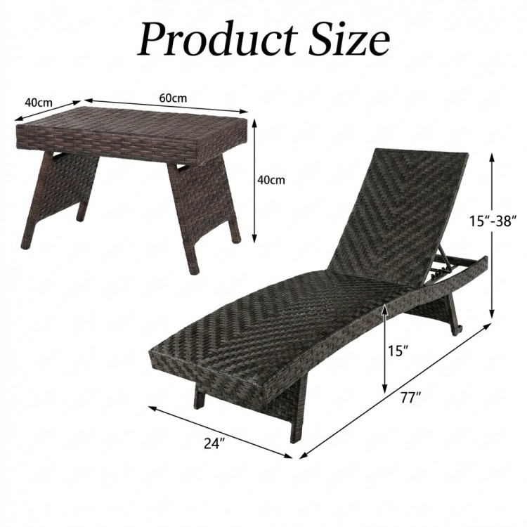 Folding padded rattan chaise lounge with side table, featuring adjustable backrest and weather-resistant design for outdoor use.