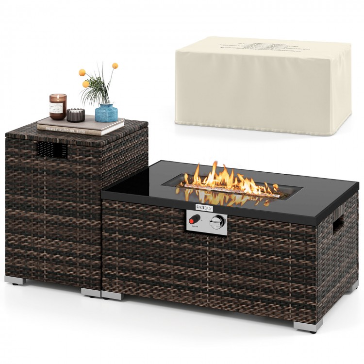 2-piece outdoor rattan fire table set with black tempered glass top and tank cover, perfect for warmth and coffee table.