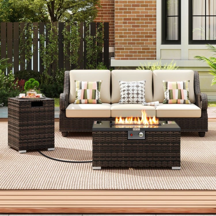 Outdoor rattan fire table set featuring a 32-inch gas firepit and coffee table with a black tempered glass top.
