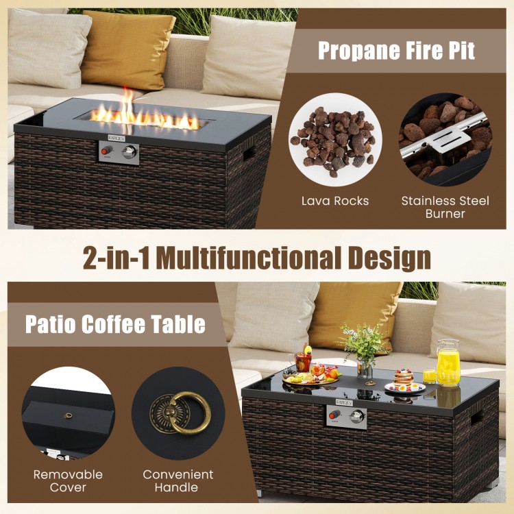 32-inch rectangle gas fire pit with brown PE rattan, black tempered glass top, and multifunctional coffee table design.
