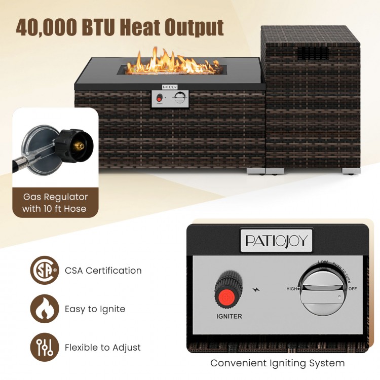 32-inch rectangle gas firepit with brown PE rattan, black tempered glass top, and 40,000 BTU heat output for outdoor.