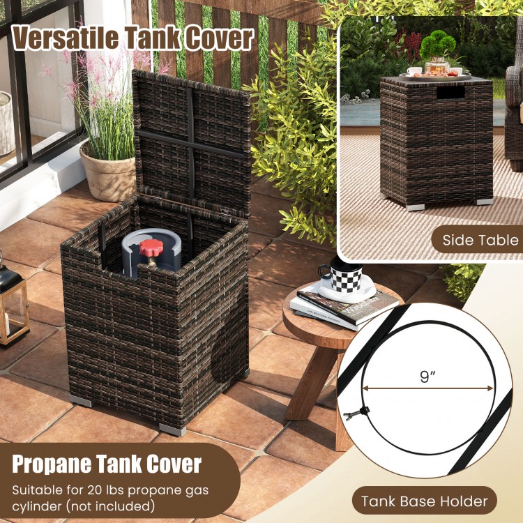 Rattan propane tank cover with side table functionality, designed for 20 lbs gas cylinder, ideal for outdoor use.