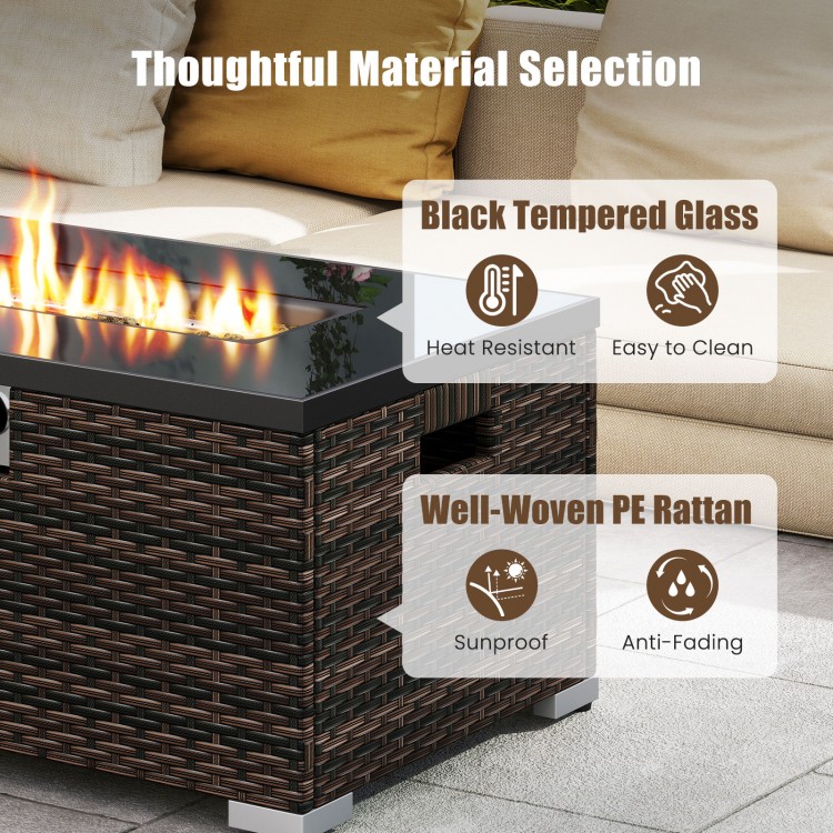 32-inch rectangle gas fire pit with black tempered glass top, anti-fading PE rattan, perfect for outdoor gatherings.