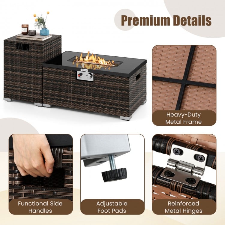 Adjustable foot pads and reinforced metal hinges of the 2-piece outdoor rattan fire table set for stability and safety.