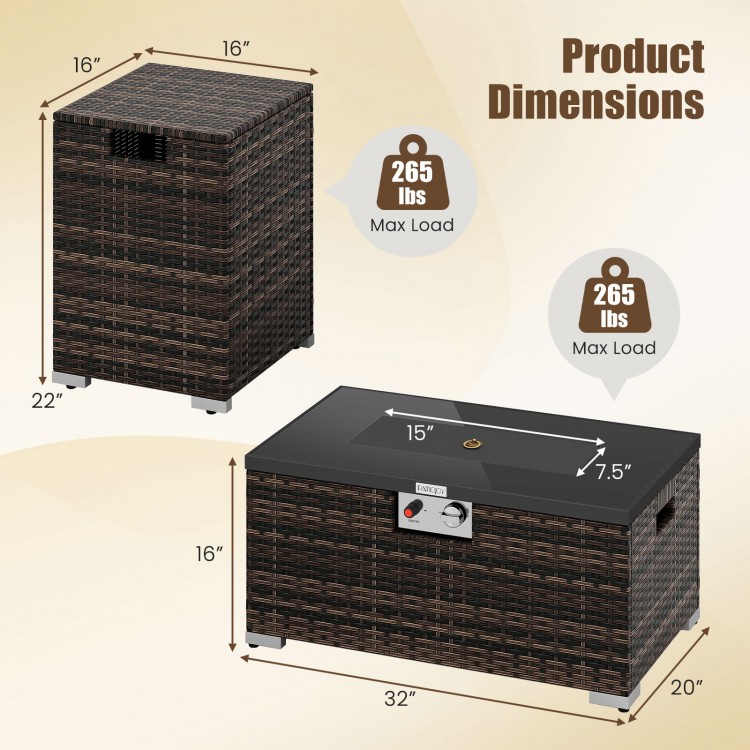 Rattan fire table set with black tempered glass top, 32-inch rectangle design, ideal for outdoor warmth and style.