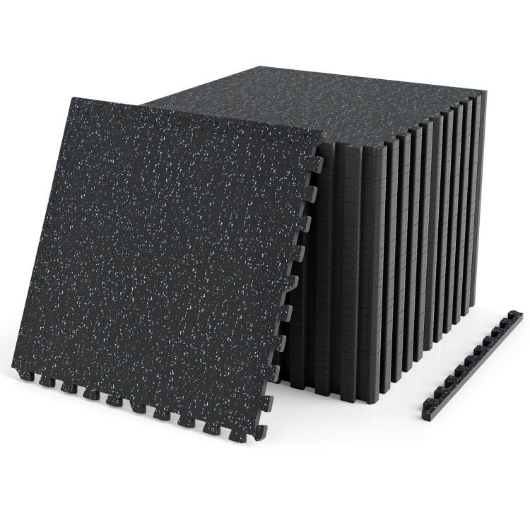 Interlocking rubber top exercise mats in black with blue speckles provide 96 sq.ft of cushioned support for workouts.