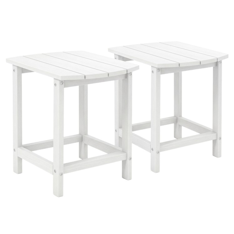 Set of two 18-inch white Adirondack outdoor side tables made of weather-resistant PE material for versatile use.