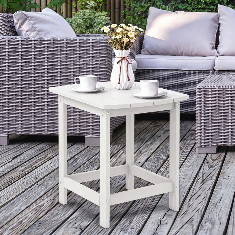 White 18-inch Adirondack outdoor side table made of weather-resistant PE material, perfect for patio or garden use.