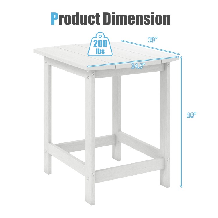 White 18-inch Adirondack outdoor side table with a 200 lbs capacity, perfect for patio or garden use.