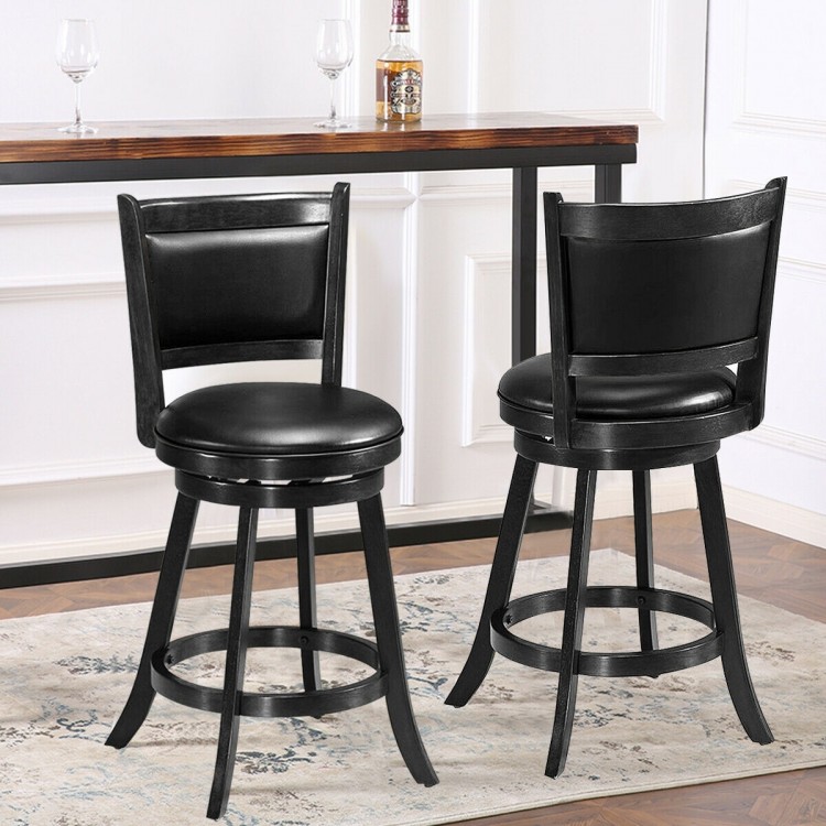 Black swivel counter stools with upholstered seats, rubber wood construction, perfect for dining or bar areas.