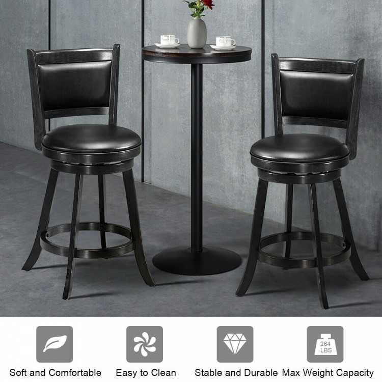 Two black swivel counter stools with upholstered seats and rubber wood construction, perfect for dining areas or bars.