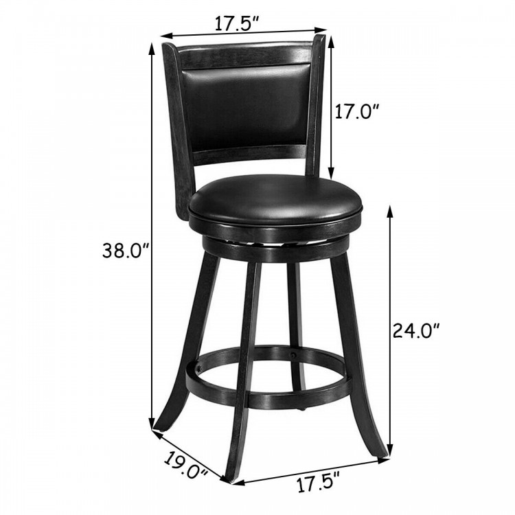 Swivel counter stool with black PVC cushion, rubber wood construction, 24-inch height, ideal for dining or bar use.