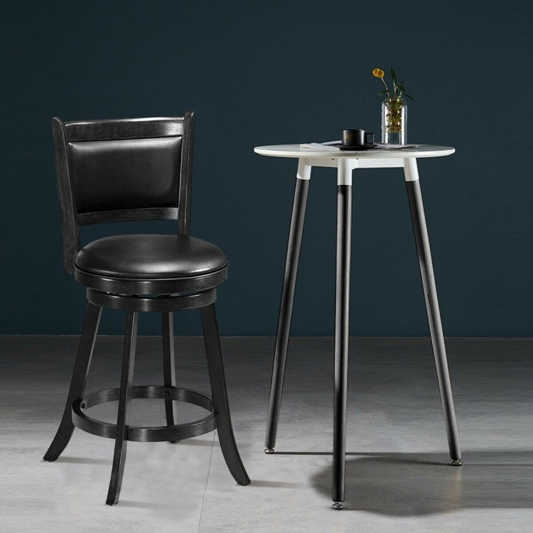 Black swivel counter stool with upholstered seat and rubber wood construction, perfect for dining areas or bars.