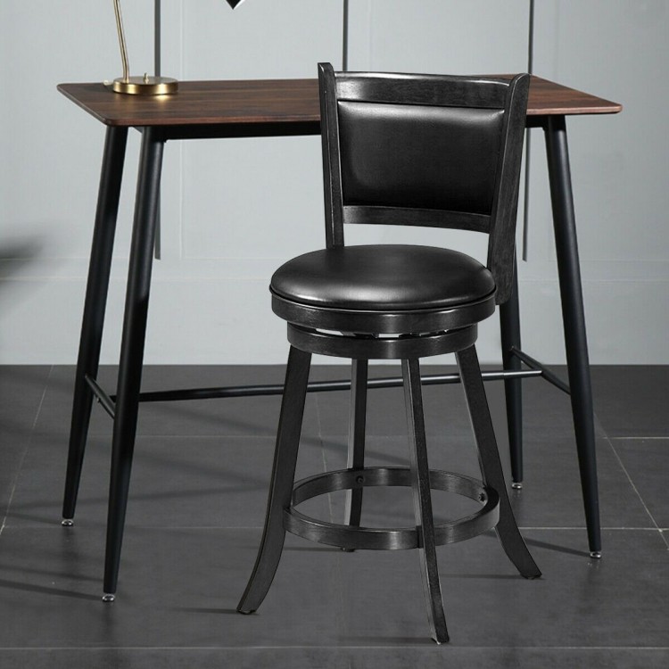 Black swivel counter stool with upholstered seat, rubber wood construction, ideal for dining areas or game rooms.