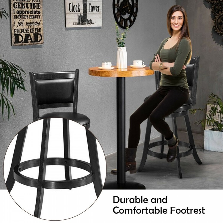 24-inch black swivel counter stool set with upholstered seat, flared legs, and comfortable footrest for dining areas.