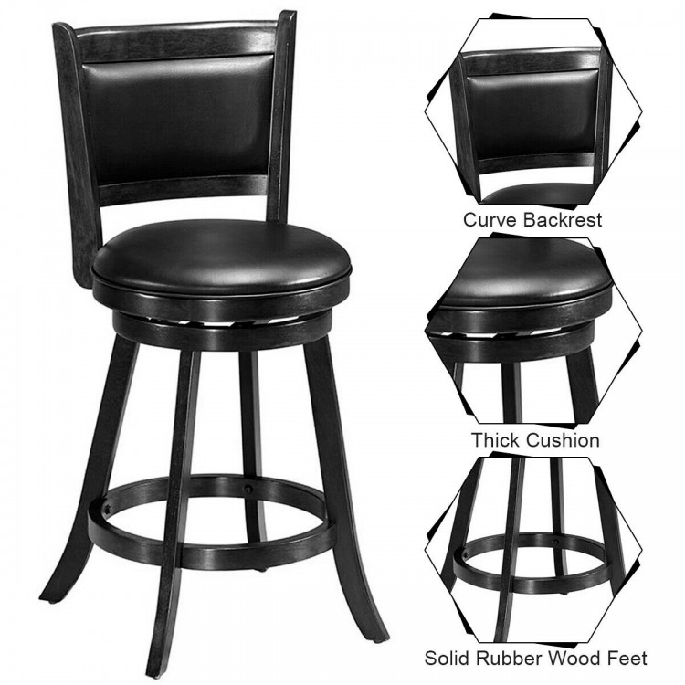 Black swivel counter stool with curved backrest and thick cushion, perfect for dining areas or game rooms.