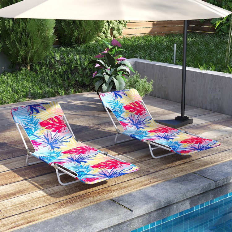 Two pink 5-position beach recliners with metal frames, perfect for poolside relaxation and easy transport.
