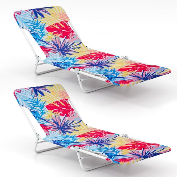 Adjustable 5-position beach recliner in pink with a floral design, featuring a metal frame and carry strap for easy.