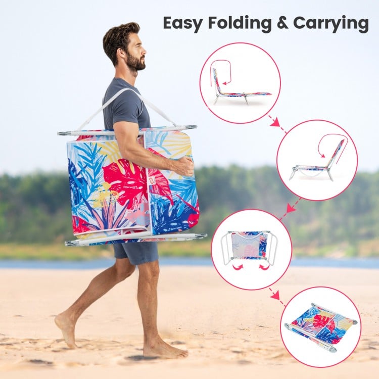 5-position adjustable beach recliner with carrying strap, featuring a durable metal frame and vibrant pink design for.