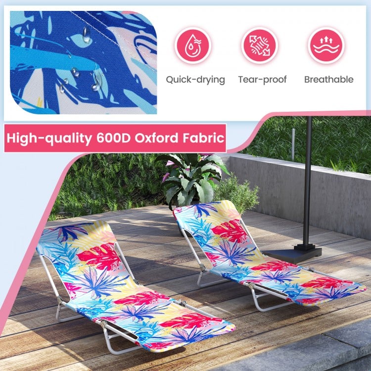Two 5-position beach recliners with pink floral design, made of quick-drying 600D oxford fabric, ideal for outdoor.