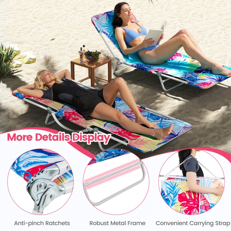 Two adjustable beach recliners in pink with metal frames, perfect for camping, poolside, or backyard relaxation.
