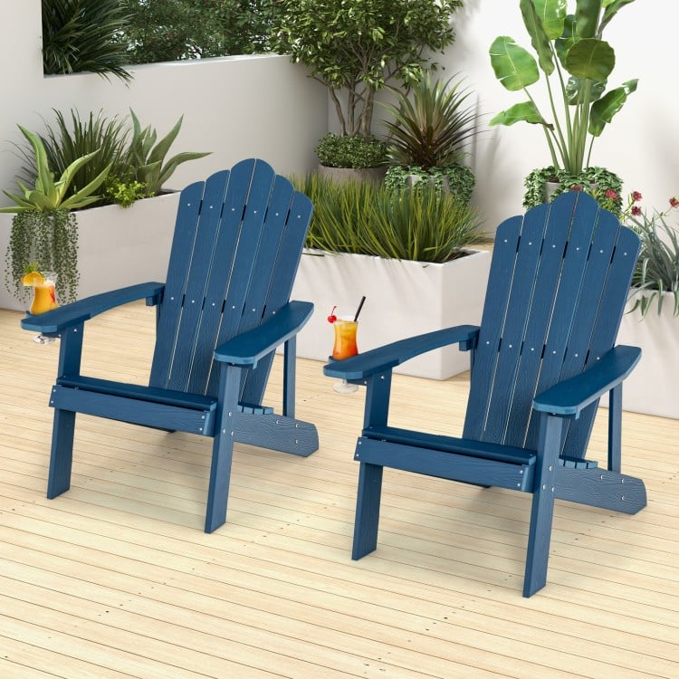 Navy 2-piece Adirondack chair set with ergonomic design, perfect for porch and backyard relaxation.