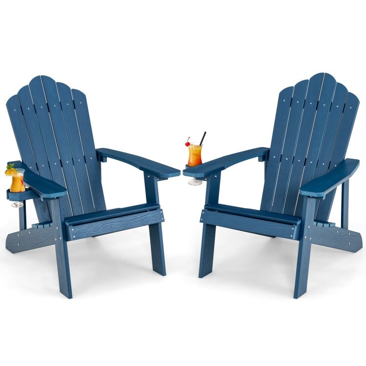 Navy blue Adirondack chair set featuring ergonomic design, perfect for relaxing on the porch or in the backyard.