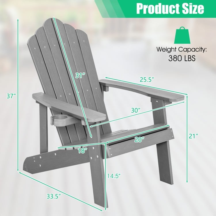 Adirondack chair dimensions with ergonomic design, silver color, weight capacity 380 lbs, ideal for porch and backyard.