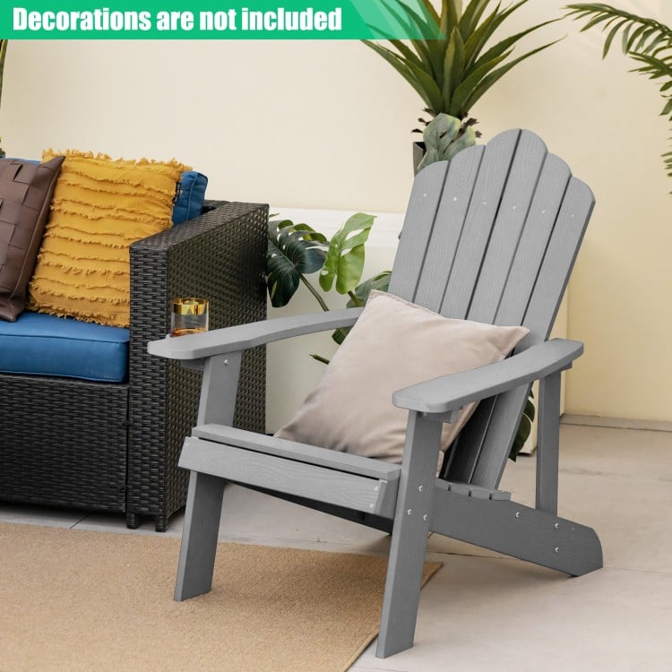 Adirondack chair in silver, featuring an ergonomic design, perfect for relaxing on the porch or in the backyard.