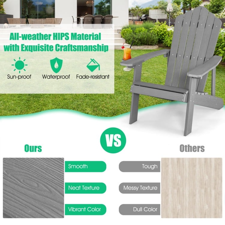 Adirondack chair set in silver, showcasing ergonomic design and all-weather HIPS material for porch and backyard use.