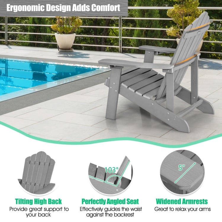 Adirondack chair set in silver with ergonomic design, featuring a tilting high back and widened armrests for comfort.