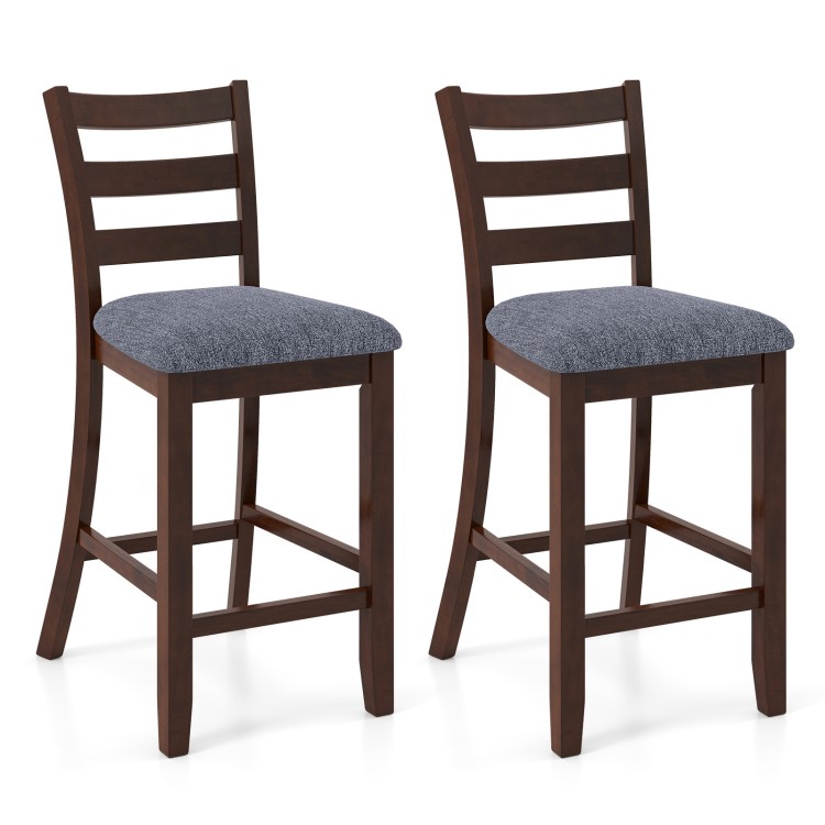 Counter height chairs with fabric seat and rubber wood legs, featuring vintage design and comfortable foam padding.