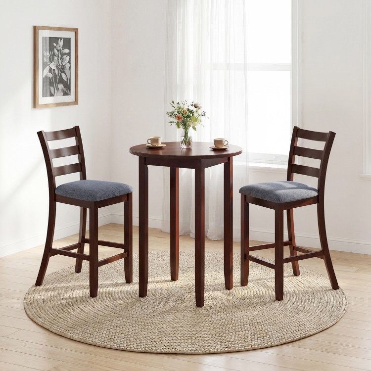 Counter height chairs with fabric seats and rubber wood legs, featuring a vintage design for stylish dining spaces.