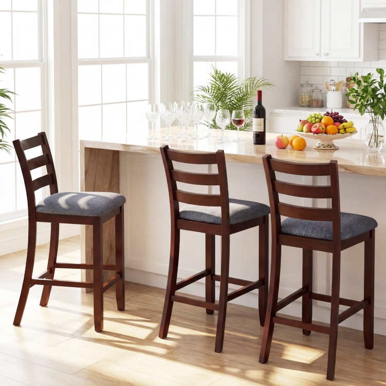 Counter height chairs with rubber wood legs and soft fabric seats, showcasing vintage elegance for a cozy dining.