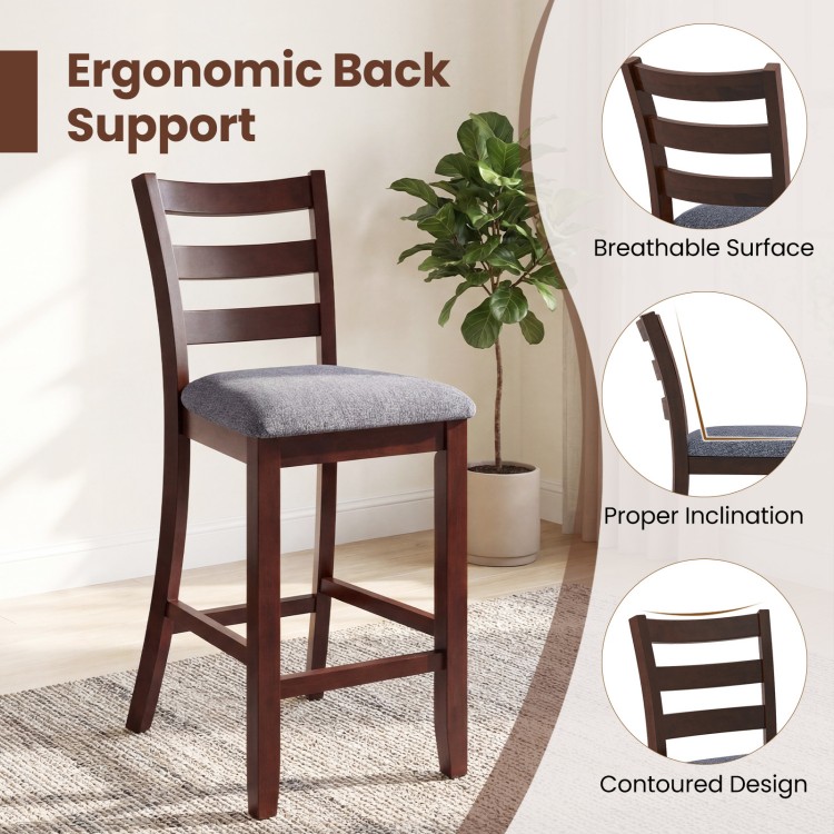 Counter height chair with rubber wood legs and fabric seat, featuring ergonomic back support for comfort and style.