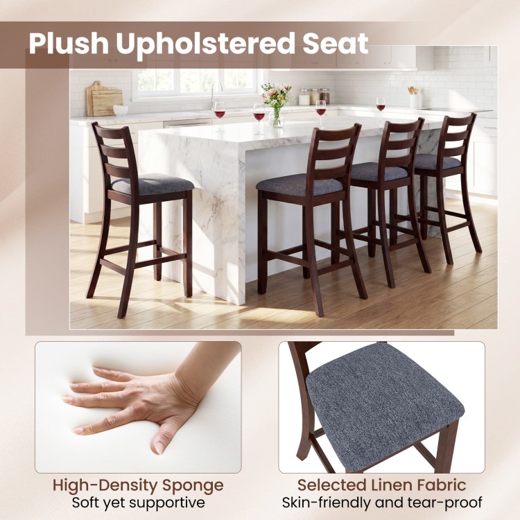 Counter height chair with fabric seat and rubber wood legs, featuring plush cushioning for comfort and vintage design.