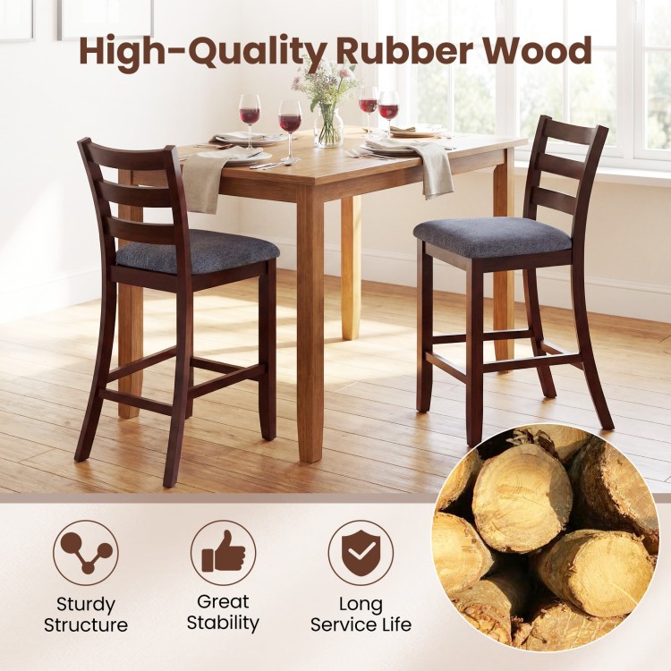 Counter height chairs with fabric seats and rubber wood legs, offering sturdy support and vintage elegance for dining.