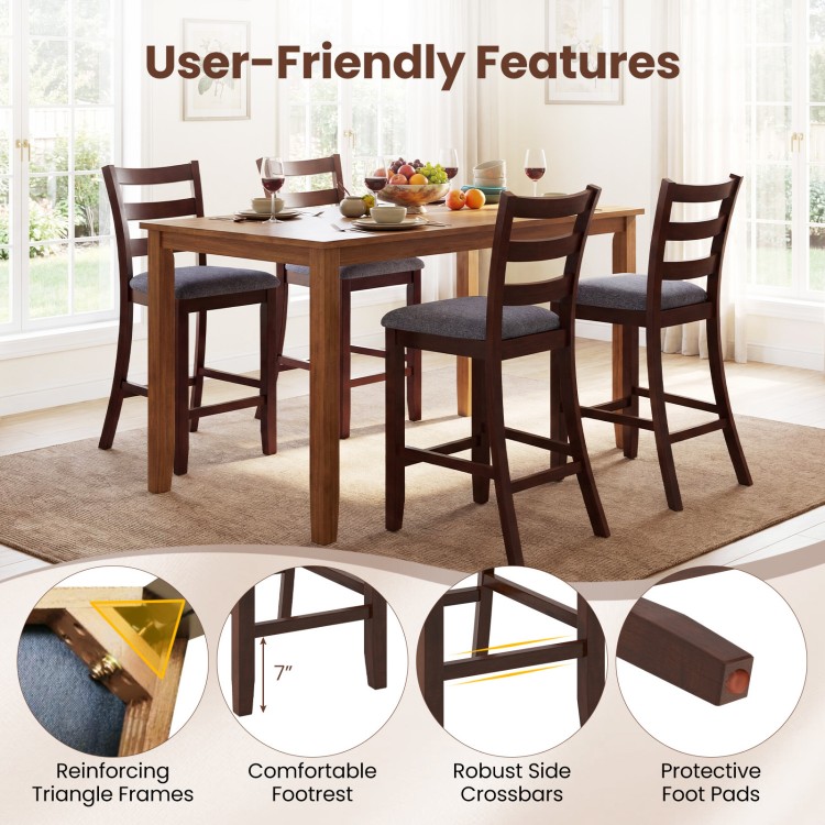 Counter height chairs with fabric seats and rubber wood legs, featuring a vintage design and comfortable footrest.