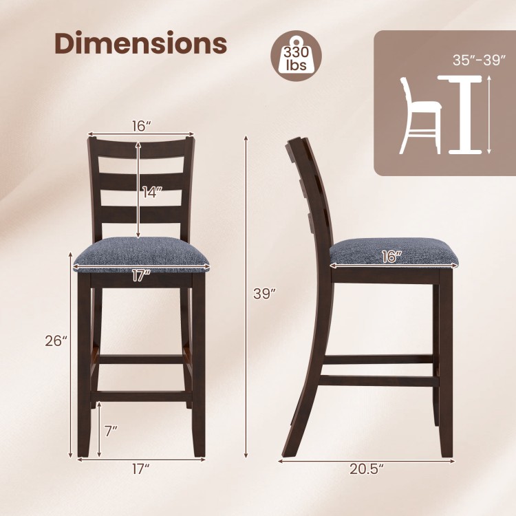 Counter height chair dimensions with fabric seat and rubber wood legs, supporting up to 353lbs for comfort and style.
