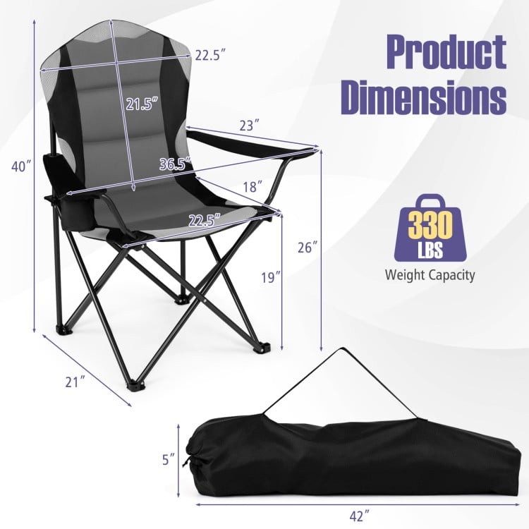 Folding camping chair set in black with cup holders, 600D Oxford fabric, and 330 lbs weight capacity for outdoor use.