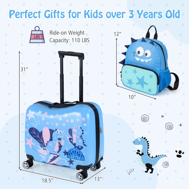 Kid luggage set in blue with spinner wheels, adjustable handle, and compartments for travel essentials, perfect for.