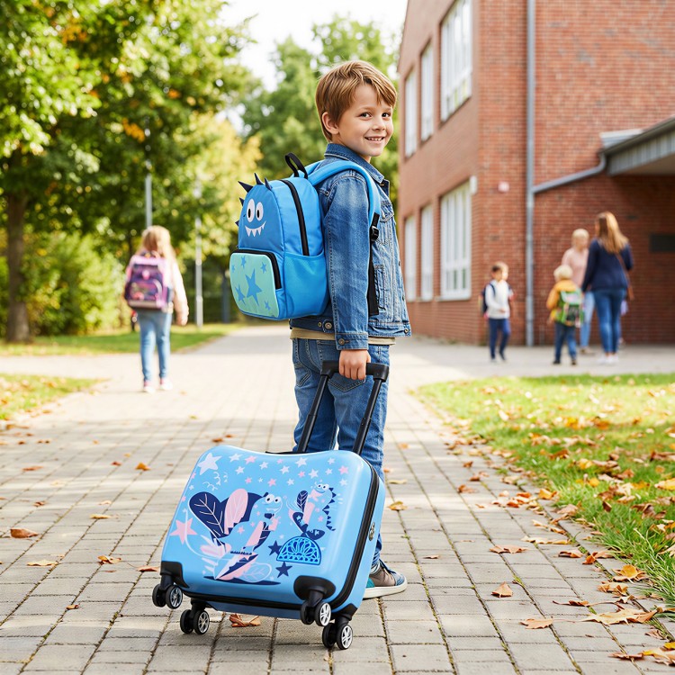 Kid luggage set featuring a blue suitcase with spinner wheels and a matching backpack, perfect for travel convenience.
