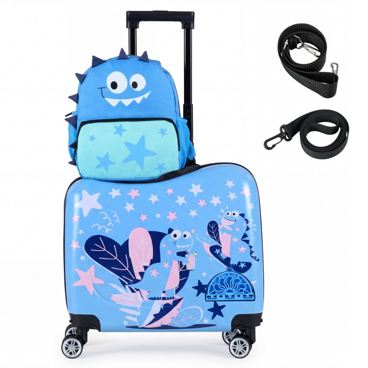 Kid luggage set featuring a blue suitcase with monster design and a matching backpack, ideal for travel convenience.