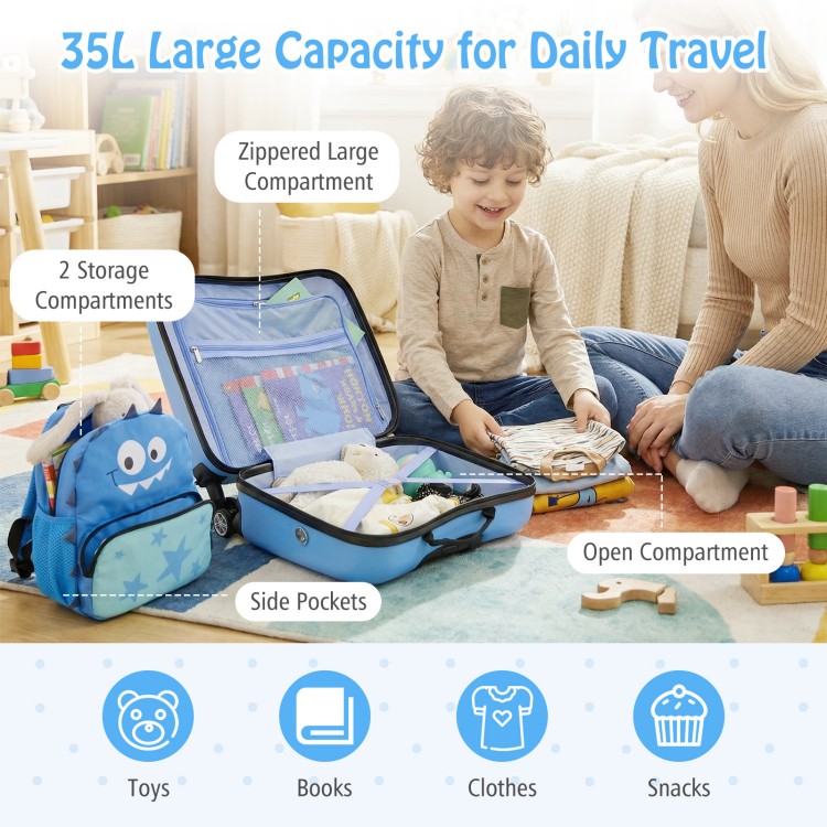 Kid luggage set in blue with spinner wheels, featuring compartments for toys, books, and clothes, ideal for travel.