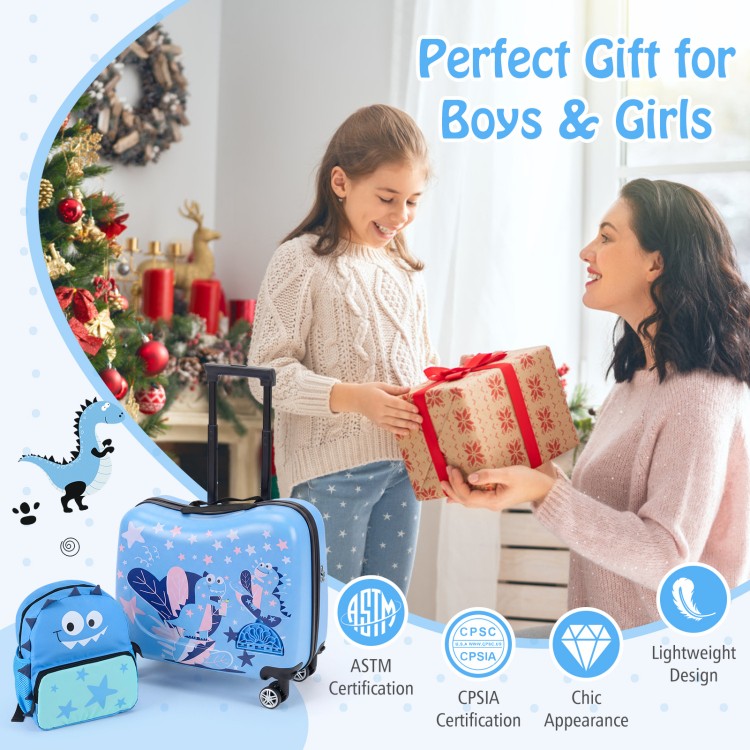 Kid luggage set in blue with spinner wheels, aluminum handle, and adjustable strap, perfect for travel convenience.