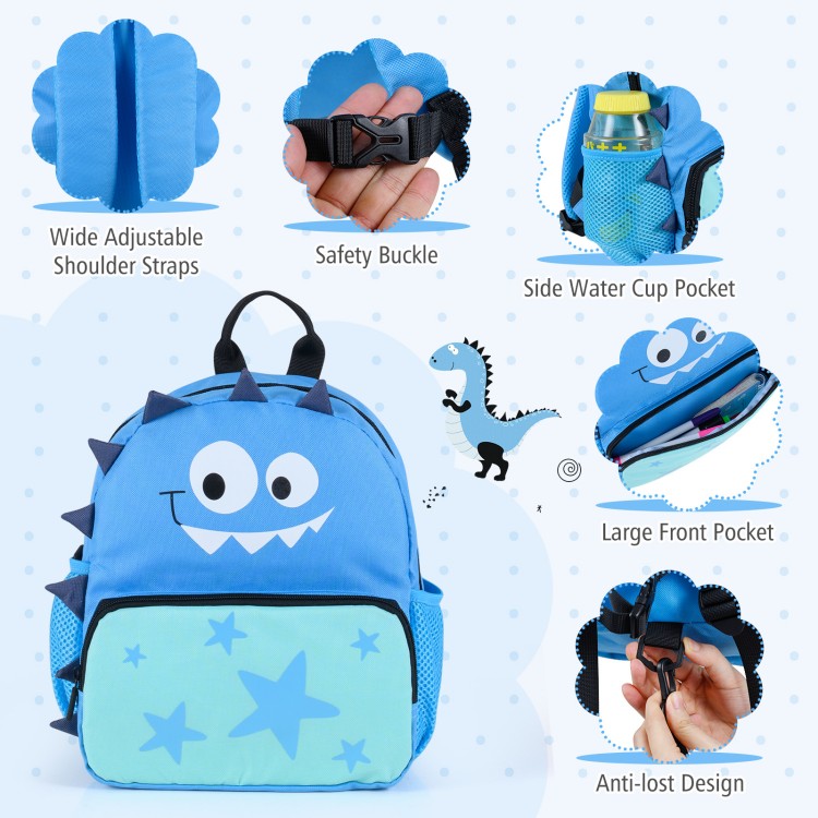 Kid's blue backpack featuring wide adjustable straps, safety buckle, and side water cup pocket for easy travel.