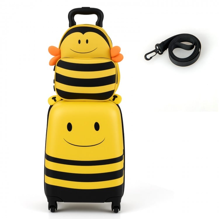 Kids luggage set featuring a cute bee design, made of impact-resistant ABS, includes a backpack and anti-lose rope.