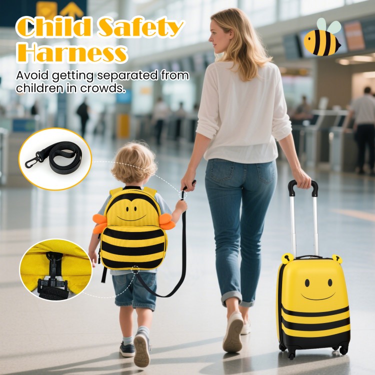 Kids luggage set with cute bee design, includes anti-lose rope and retractable handle, perfect for travel.